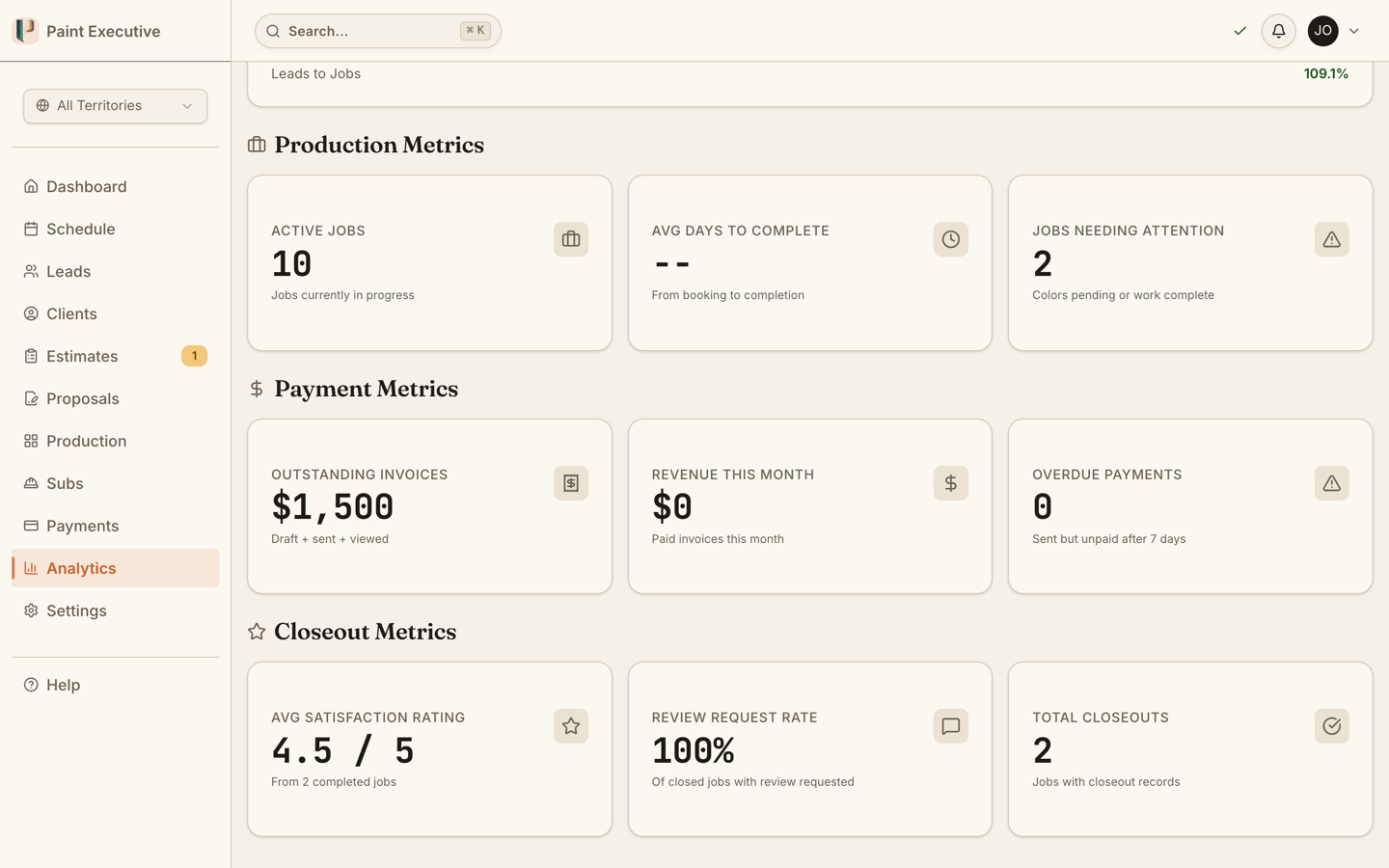 Production, payment, and closeout metric cards showing active jobs, outstanding invoices, and satisfaction ratings