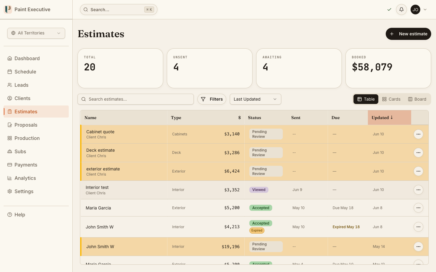 Interior room builder interface showing room type templates and line items