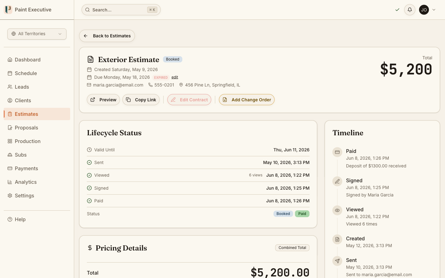 Margin and pricing summary showing live cost breakdown