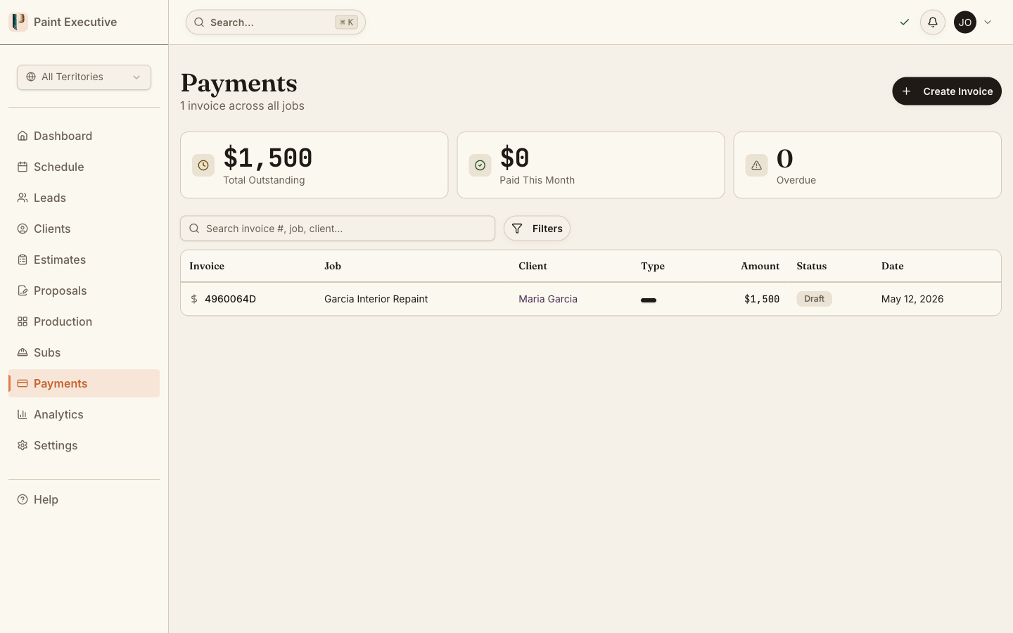 Invoicing & Payments screen in Paint Executive