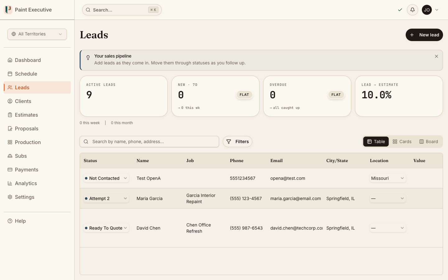Lead pipeline view showing leads organized by status columns