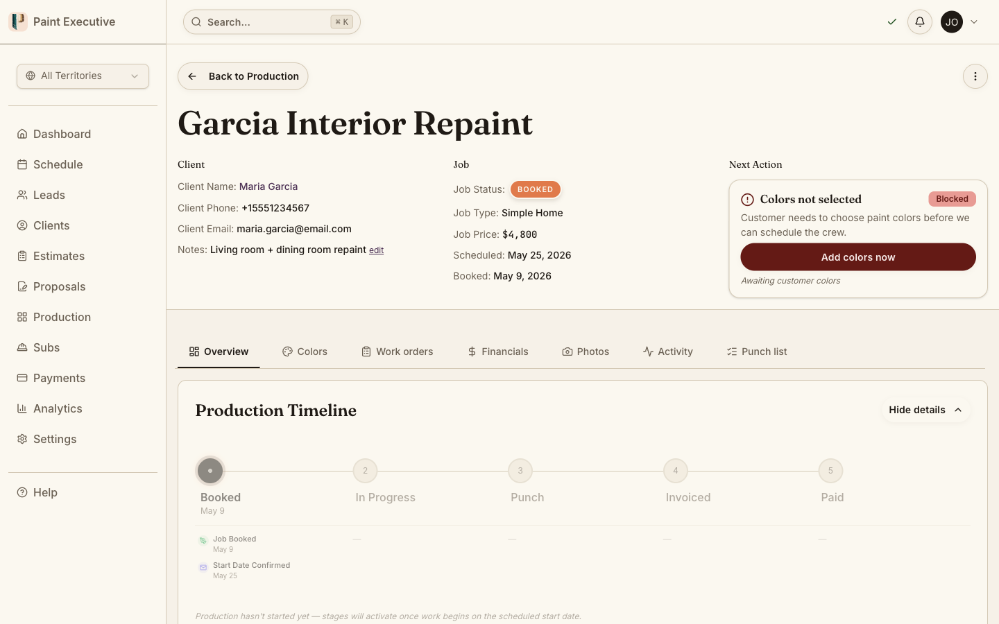 Production Kanban board showing jobs organized by status