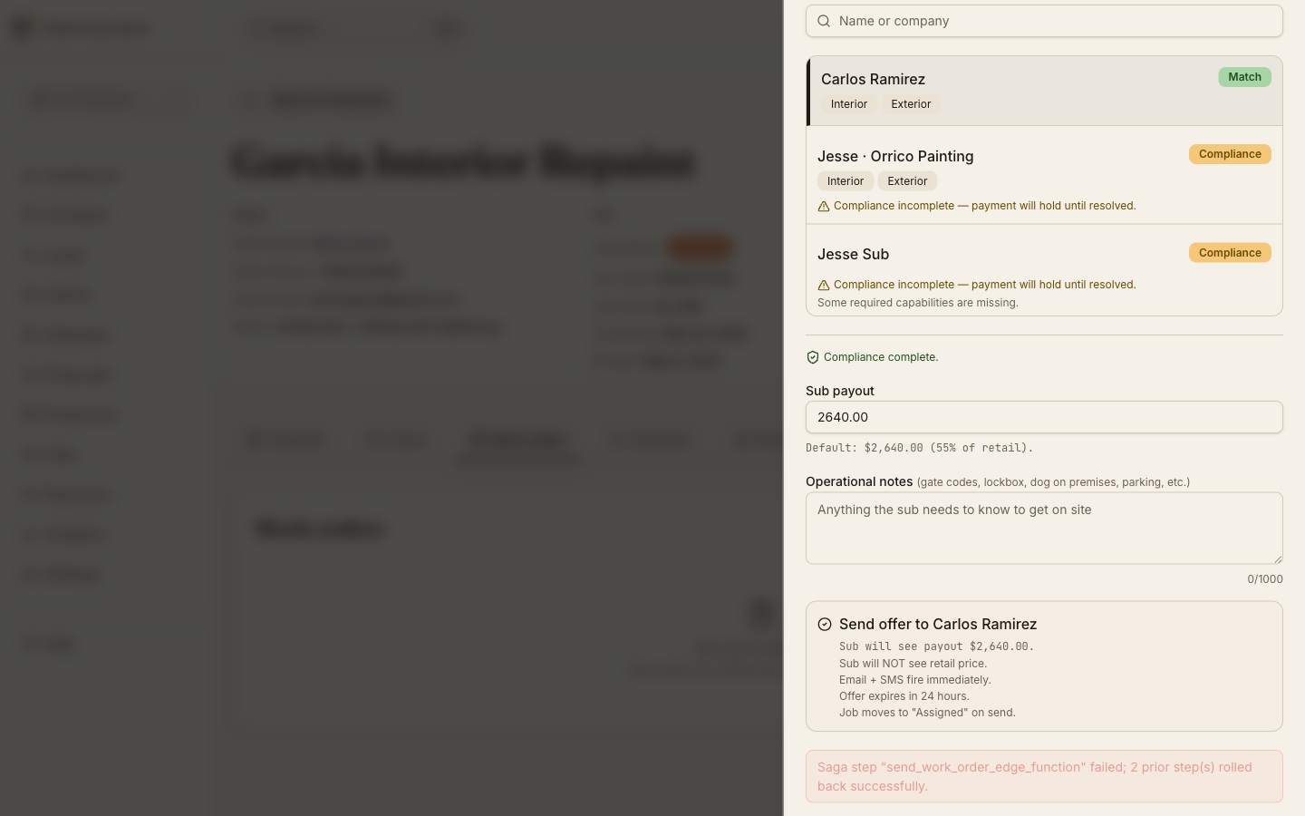 Production view showing crew check-in and check-out times on active jobs