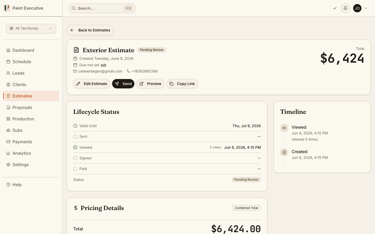 Proposal tracking dashboard showing statuses and engagement