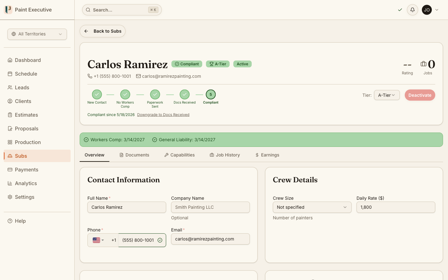 Job offer card showing scope, address, and accept/decline buttons