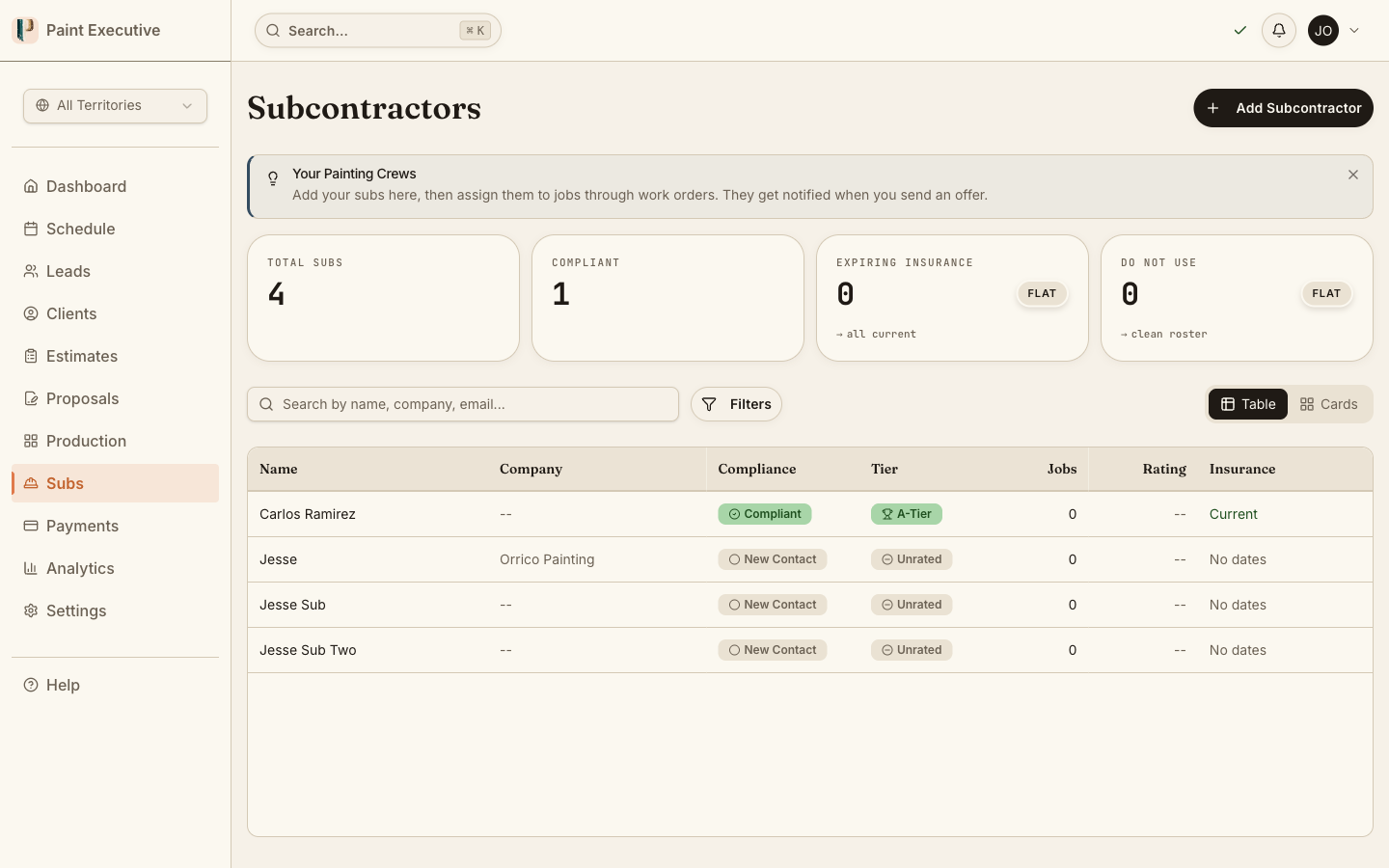 Subcontractor earnings dashboard showing weekly and monthly totals
