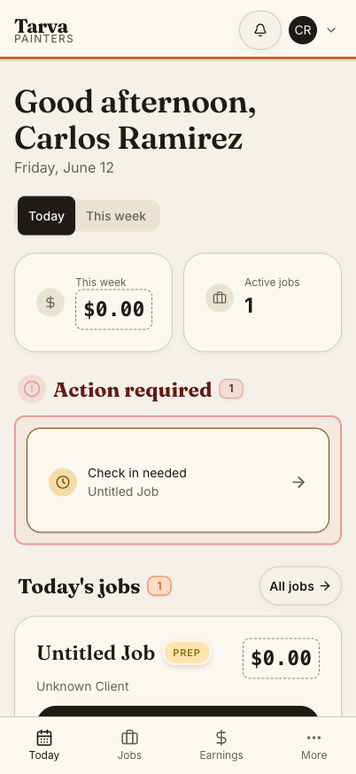 Paint Executive subcontractor portal (mobile) showing the sub's active job, daily schedule, and one-tap check-in — payouts only, customer prices hidden